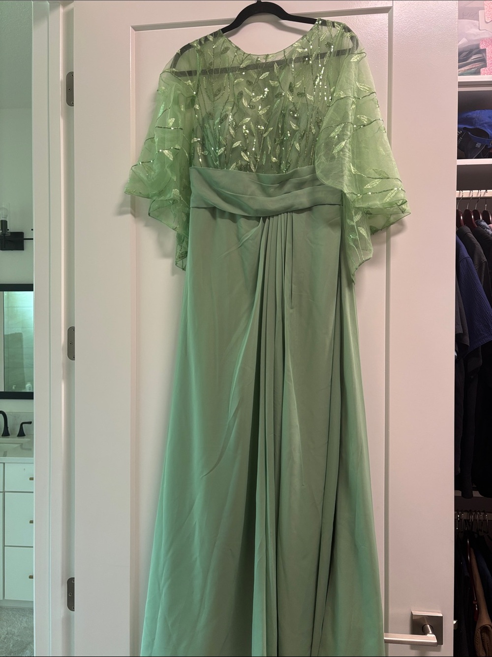 Mint Green Formal Evening Gown with Sheer Embellished Cape